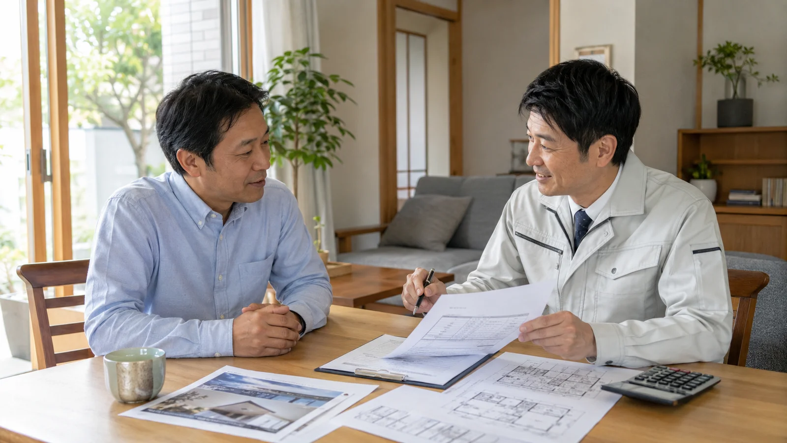 リビングで業者と住宅オーナーが見積書や図面を見ながら穏やかに打ち合わせ。信頼感のある雰囲気で、安心して相談できるイメージを演出。

[ChatGPT image2] 日本人の住宅オーナー(40代男性)と外壁塗装業者(40代男性)がリビングのテーブルで見積書を見ながら穏やかに打ち合わせをしているシーン。両者の表情は柔らかく、信頼感のある雰囲気。テーブルには見積書のほか、住宅の図面と電卓。