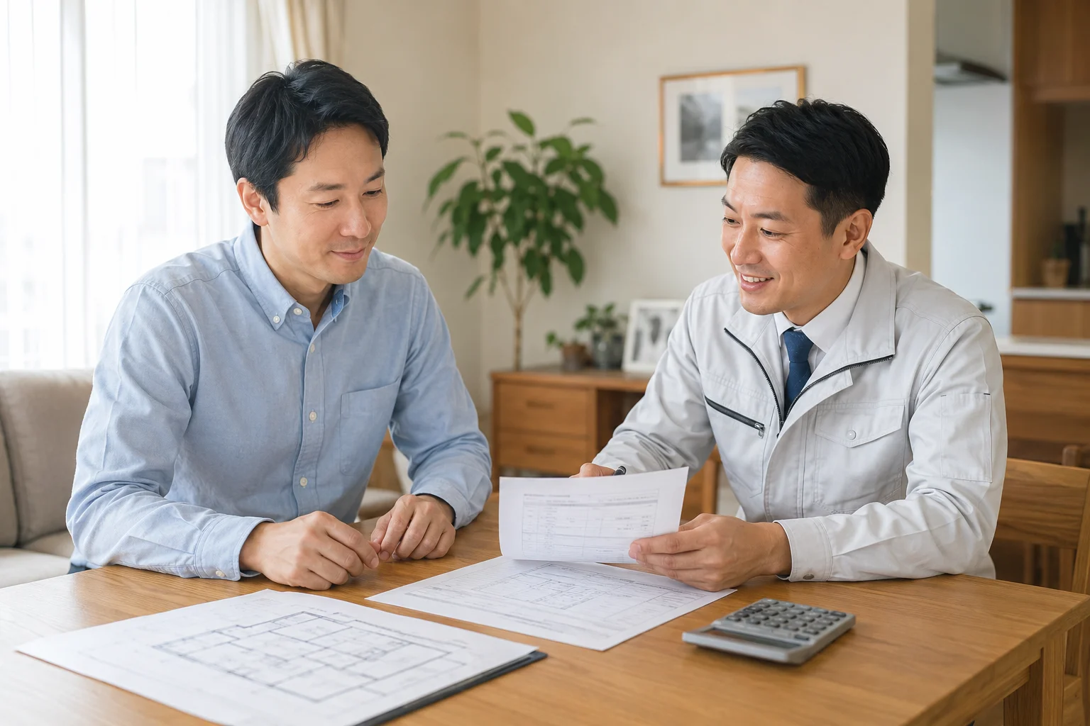 リビングで外壁塗装の見積書を確認しながら穏やかに打ち合わせする業者と住宅オーナー。信頼感のある雰囲気で、テーブルには図面と電卓も配置。

[ChatGPT image2] 日本人の住宅オーナー(40代男性)と外壁塗装業者(40代男性)がリビングのテーブルで見積書を見ながら穏やかに打ち合わせをしているシーン。両者の表情は柔らかく、信頼感のある雰囲気。テーブルには見積書のほか、住宅の図面と電卓。