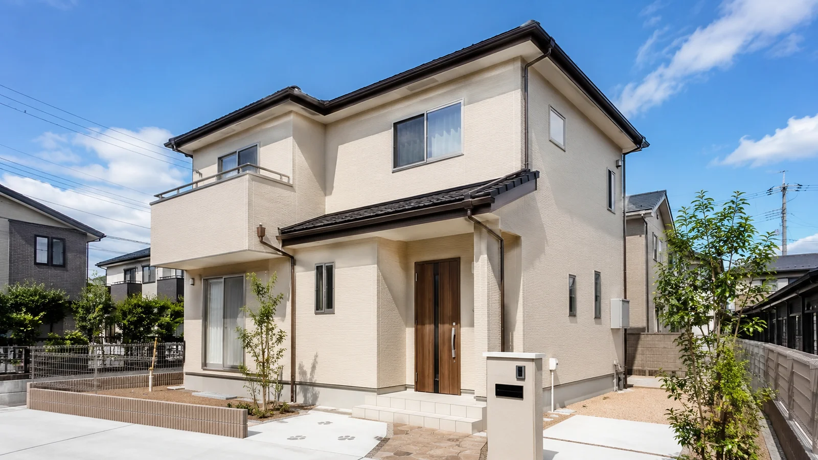 外壁塗装が完了したばかりの2階建て戸建住宅。ニュアンスのあるベージュ系の外壁が美しく、青空の下で清潔感のある仕上がりを見せる住宅外観写真。

[ChatGPT image2] 外壁塗装が完了した直後の美しい日本の戸建2階建ての外観。建物全体が画面に収まる引きの構図、清潔で塗りたての外壁、青空、住宅地、ニュアンスのあるベージュ系の外壁色。