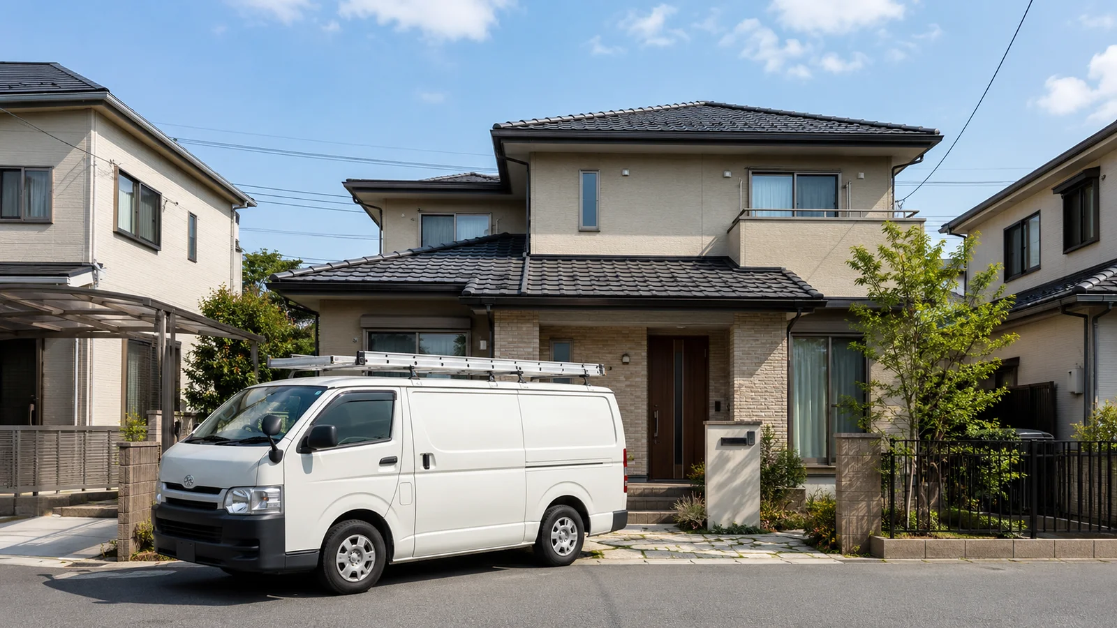 外壁塗装業者の白い作業用バンが住宅前に駐車している様子。二階建て住宅と周辺の住宅街が写る晴天下の全景写真。

[ChatGPT image2] 業者の作業バン(無地、社名・電話番号なし)が住宅前に駐車されている全景