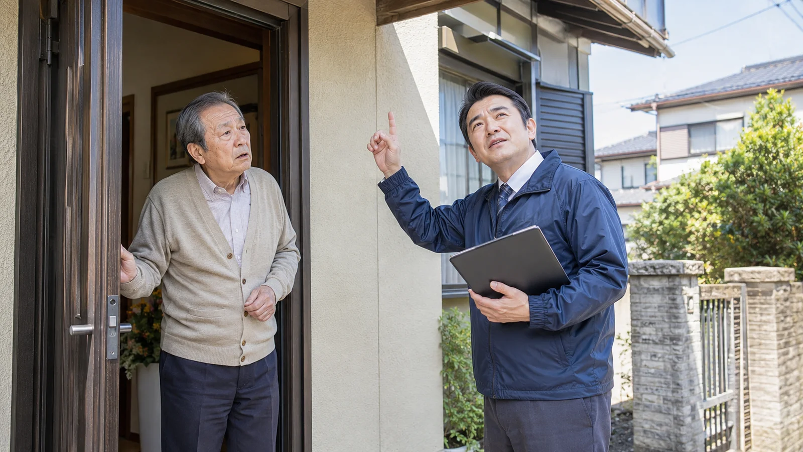 屋根を指差して説明する作業服の業者と、玄関先で不安そうに話を聞く高齢の住宅所有者。悪質な点検商法への注意喚起に使用可能。

[ChatGPT image2] 「屋根が浮いていますよ」と指摘する怪しげな点検商法業者と、不安そうな高齢住民の玄関先のやり取り