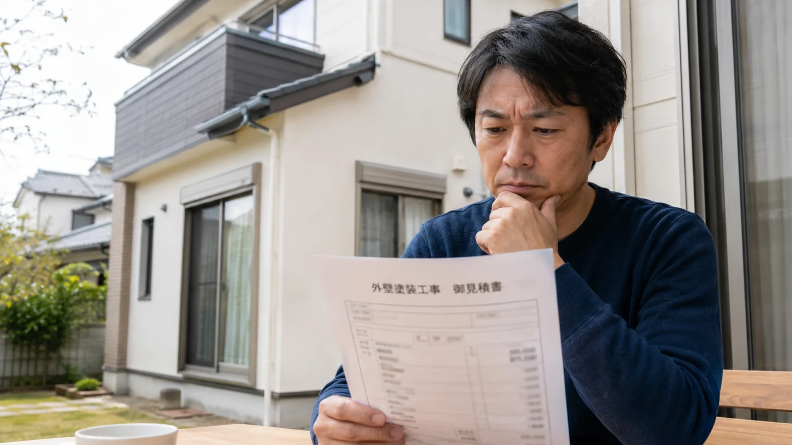 自宅で外壁塗装工事の御見積書を手に持ち、真剣な表情で内容を確認している中年男性。住宅を背景に、見積もり比較や料金検討のシーンを表現。