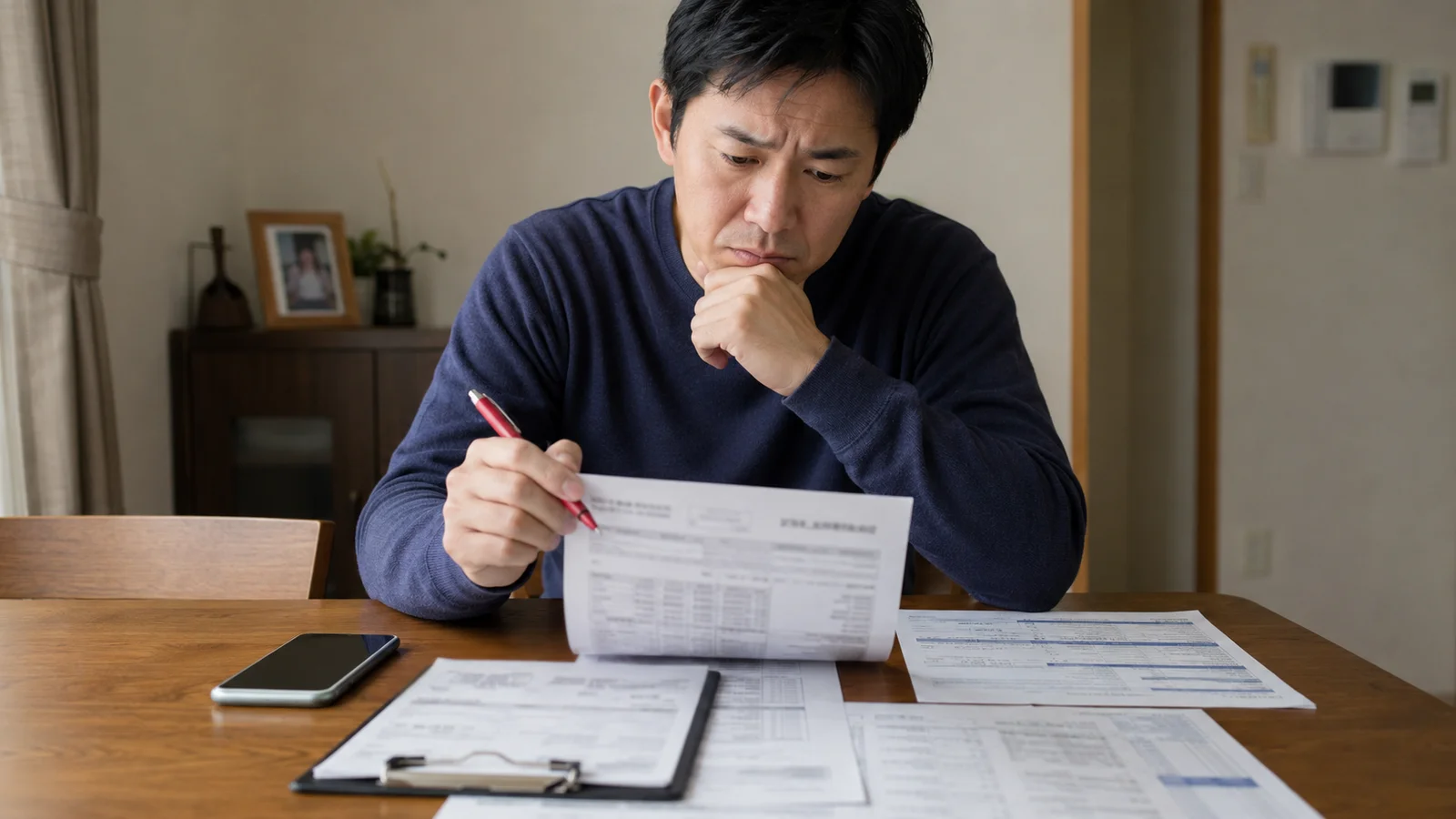 自宅のテーブルで複数の見積書類を見比べながら真剣に検討している中年男性。比較検討や料金診断のシーンに最適。