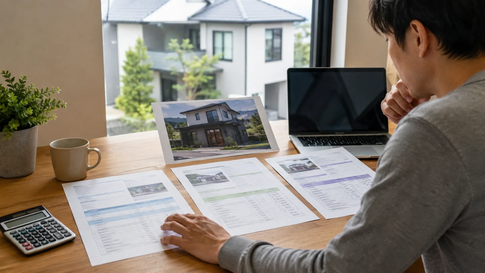 デスクで住宅の写真と複数の見積書類を比較検討する男性。ノートPCと電卓が置かれ、窓の外には実際の住宅が見える構図。
