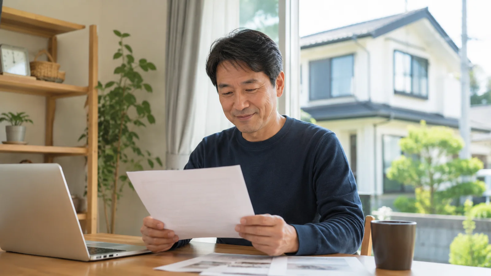 自宅のダイニングテーブルで見積書らしき書類を笑顔で確認する中年男性。ノートPCと複数の書類、コーヒーカップが置かれ、窓の外には住宅が見える明るい室内。