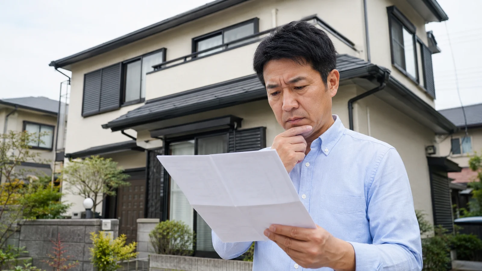 自宅前で見積書を見て考える男性。外壁塗装の料金確認や比較検討のシーンに最適。戸建住宅を背景に真剣な表情で書類をチェックする様子。