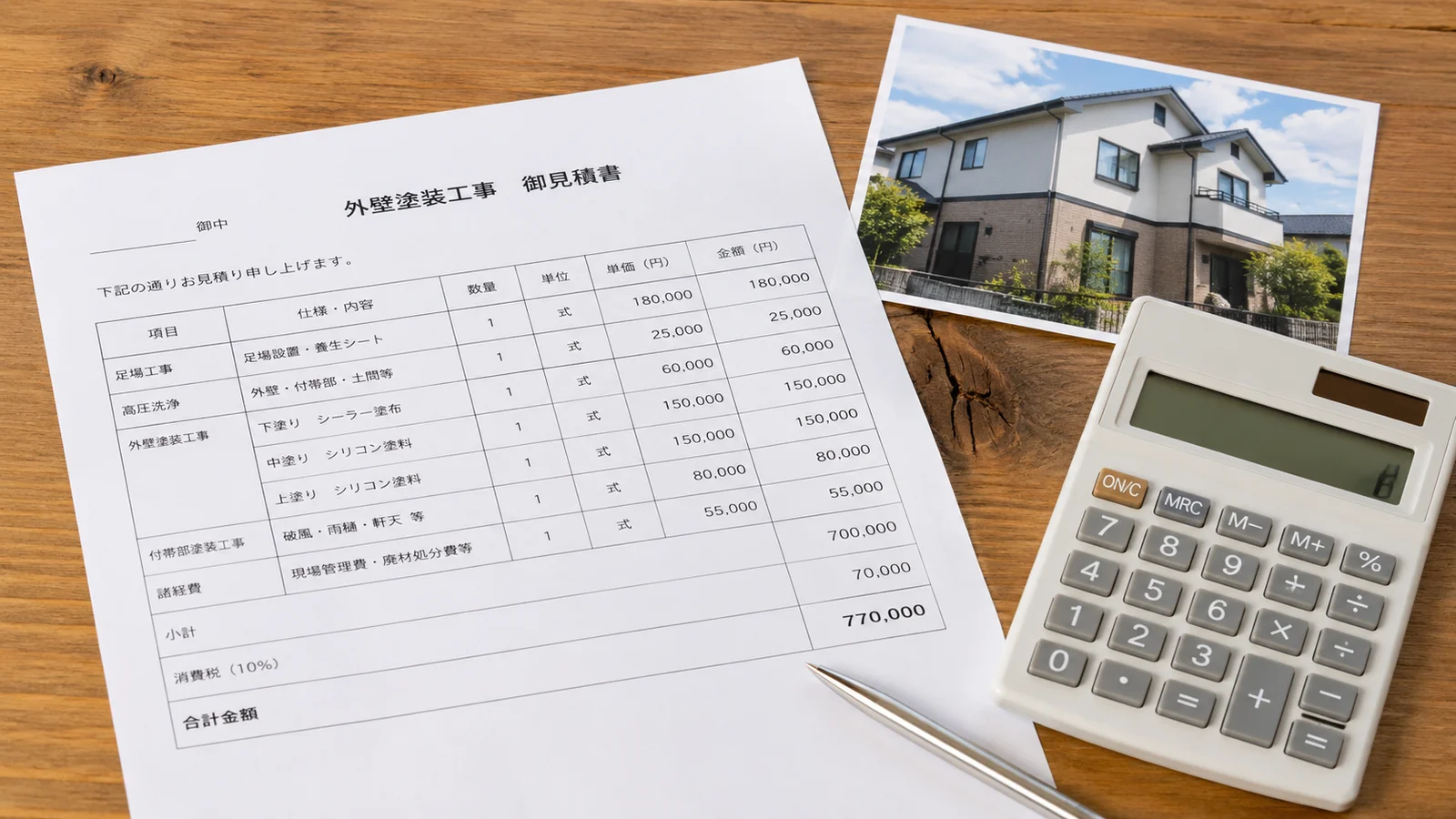 外壁塗装工事の詳細な見積書と電卓、住宅写真が並ぶ俯瞰構図。費用の透明性と信頼感を訴求できる素材。