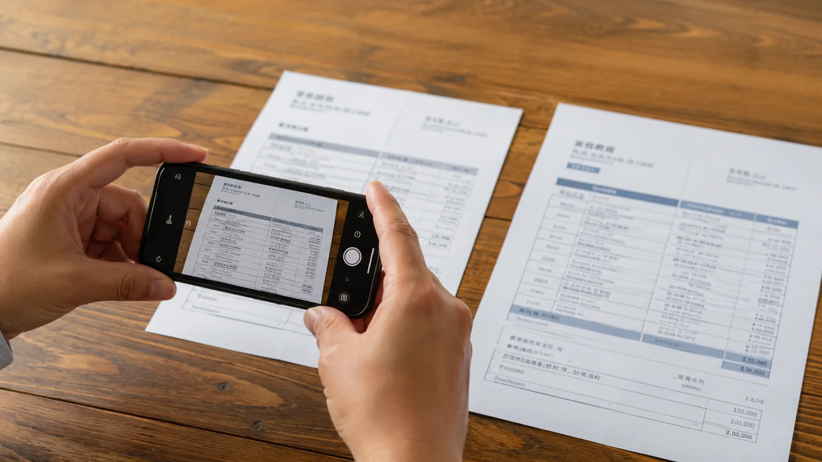 木製テーブルの上に複数の見積書を広げ、スマートフォンで撮影している手元のクローズアップ。見積書比較や料金確認のシーンに最適。