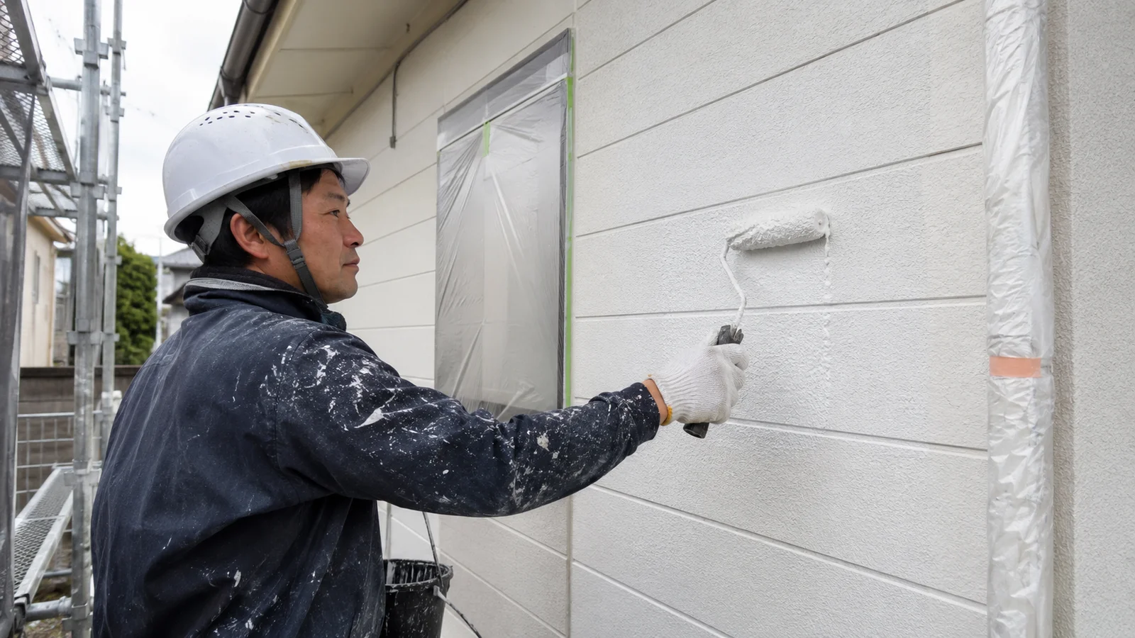 白いヘルメットと作業着を着た職人が、ローラーを使って住宅の外壁を丁寧に塗装している様子。窓周りも養生され、プロの施工現場が伝わる写真。