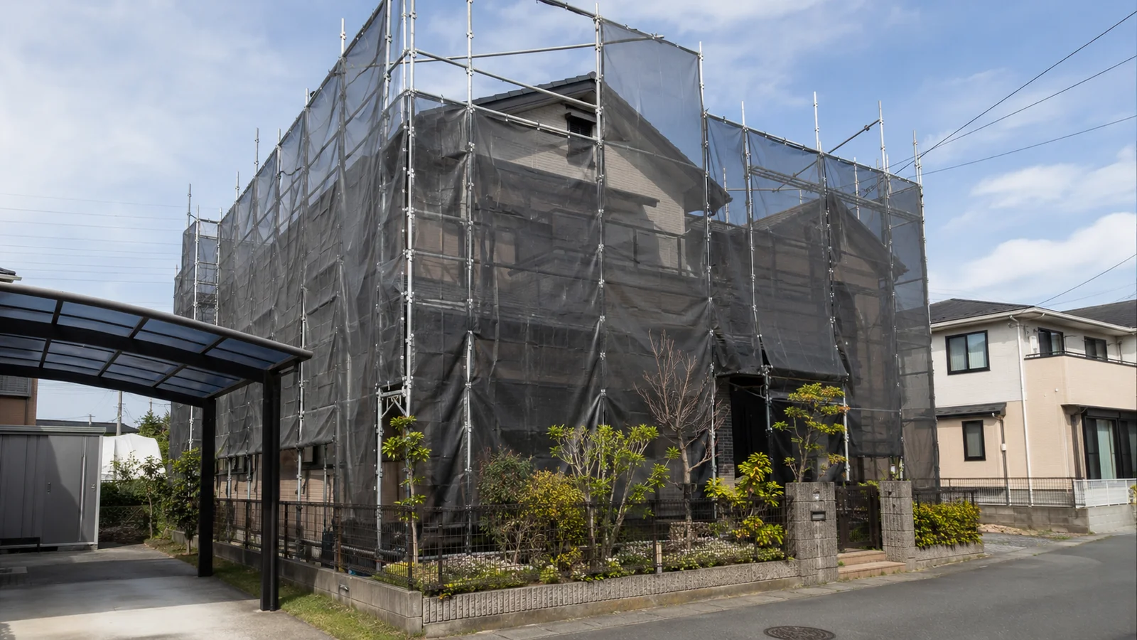 足場とメッシュシートで全体が覆われた外壁塗装工事中の二階建て住宅。住宅街の中で施工が進行している様子を示す作業中の風景。