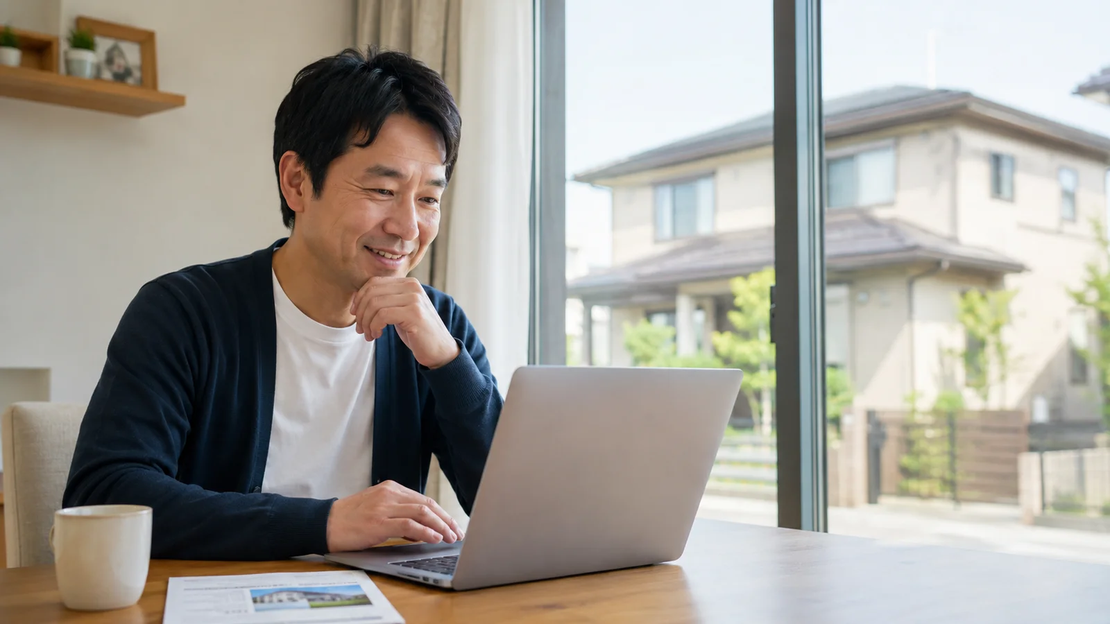 明るい室内でノートパソコンを使用しながら笑顔を見せる男性。リビングの窓際で外壁塗装の見積もりを確認するイメージに最適。