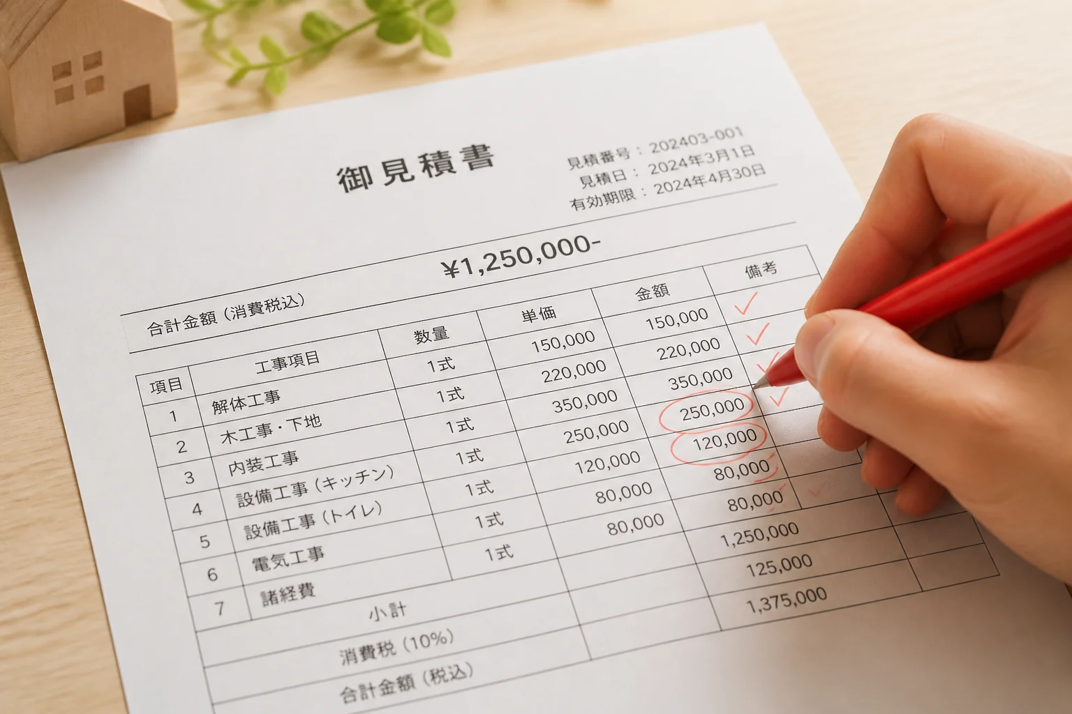赤ペンで見積書の金額を確認している手元のクローズアップ。住宅リフォームの項目と費用が明確に記載された書類。