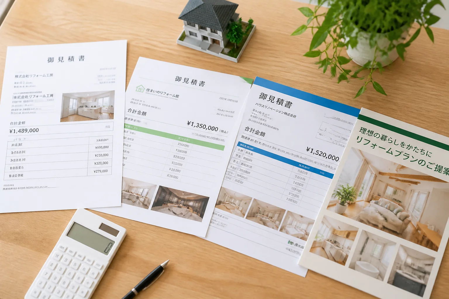 木製テーブルに並べられた住宅リフォームの見積書類と電卓、ペン、模型住宅。費用比較検討のイメージ。