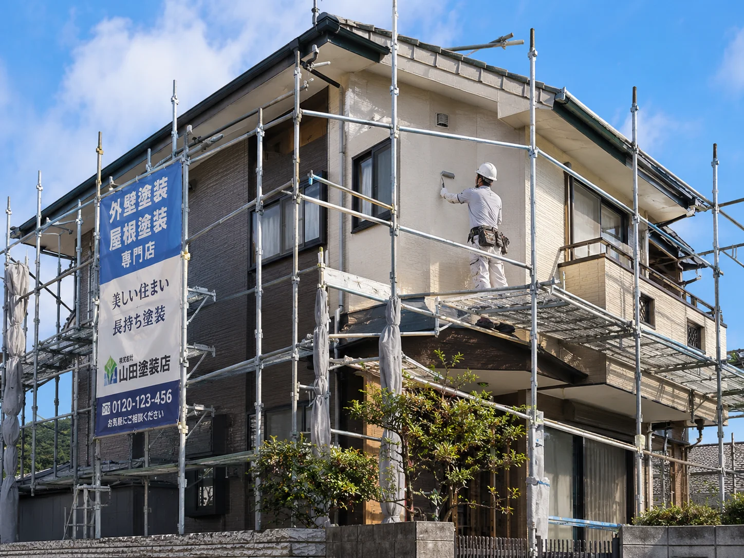 足場が組まれた日本の戸建て住宅で、職人がローラーを使って2階部分の外壁を塗装している様子。青空が広がる明るい日中の実写写真。

[ChatGPT image2 生成プロンプト] 日本の戸建住宅で外壁塗装の足場が組まれている様子。職人がローラーで2階の外壁を塗装している。明るい日中。広告写真風のリアル画像。